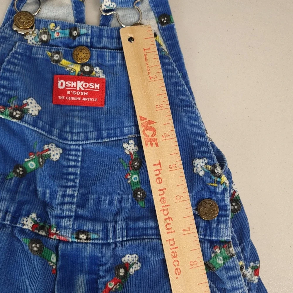 Vintage OshKosh B'gosh Overalls Boys 3T Blue Corduroy Race Car Print Vestbak USA